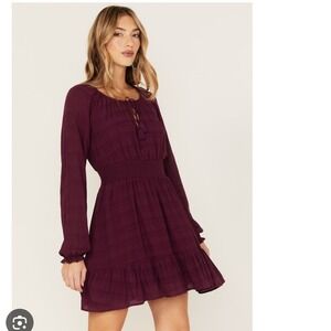 Idyllwind Womens Smock Long‎ Sleeve Mini Dress Burgundy Lace Up Tassels Boho M